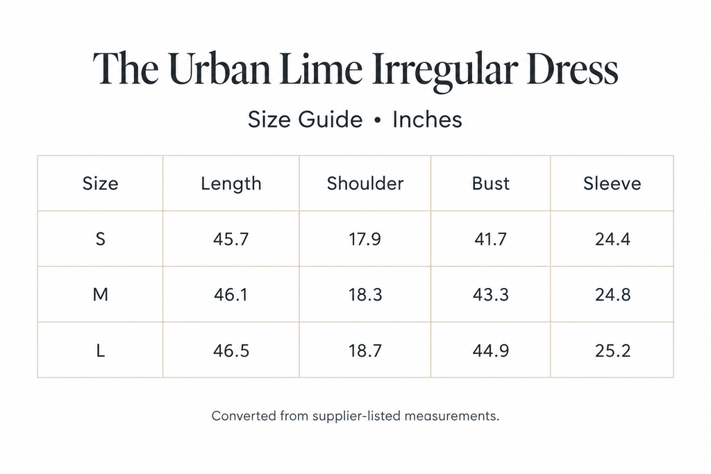 Urban Lime Dress size chart for S-L, with length, shoulder, bust, and sleeve measurements in inches.