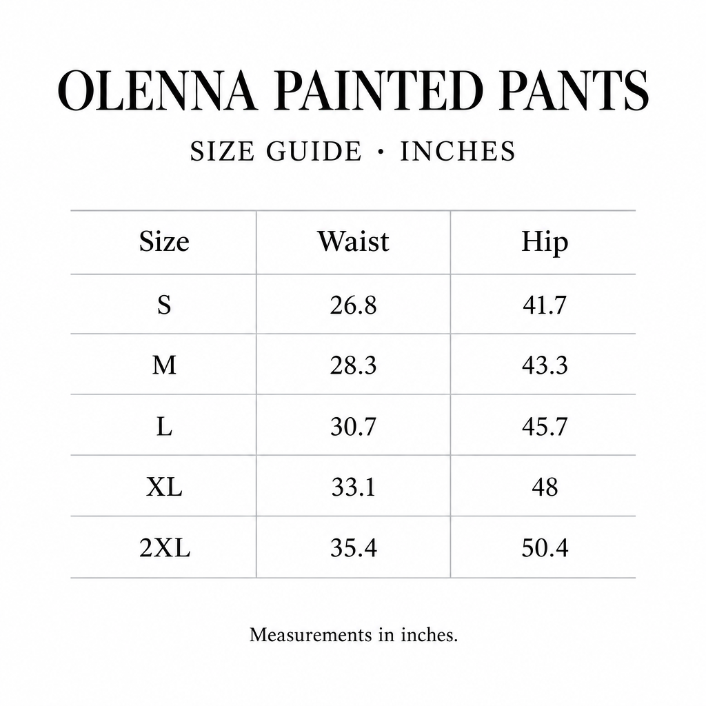Olenna Painted Pants size chart for S-2XL, with waist and hip measurements in inches.