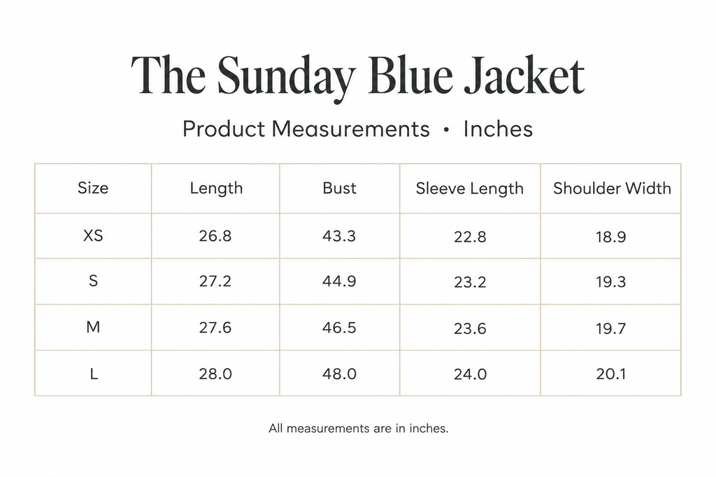 Sunday Blue Jacket size chart for XS-L, with length, bust, sleeve, and shoulder measurements in inches.