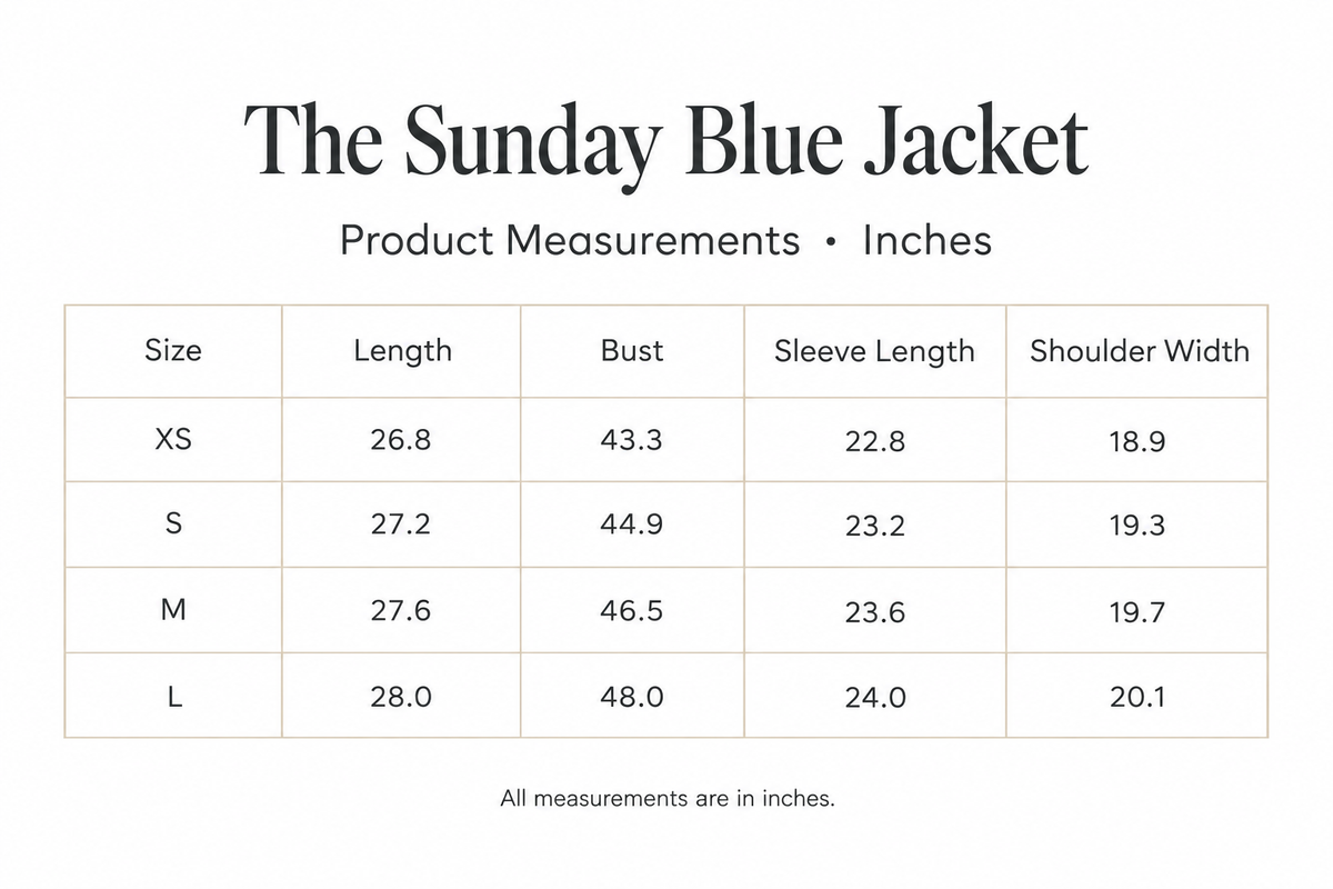 Sunday Blue Jacket size chart for XS-L, with length, bust, sleeve, and shoulder measurements in inches.