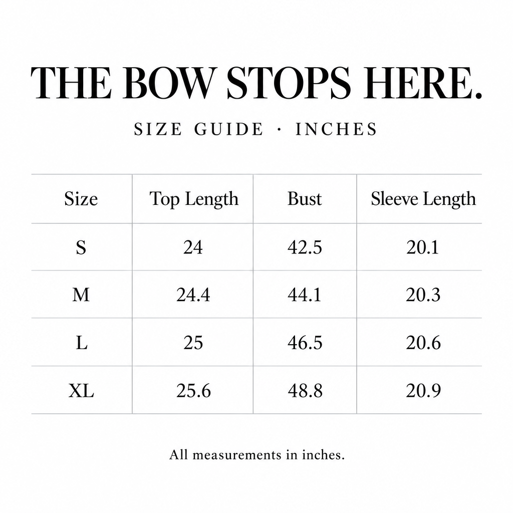 Bow Stops Here Sweater size chart for S-XL, with length, bust, and sleeve measurements in inches.