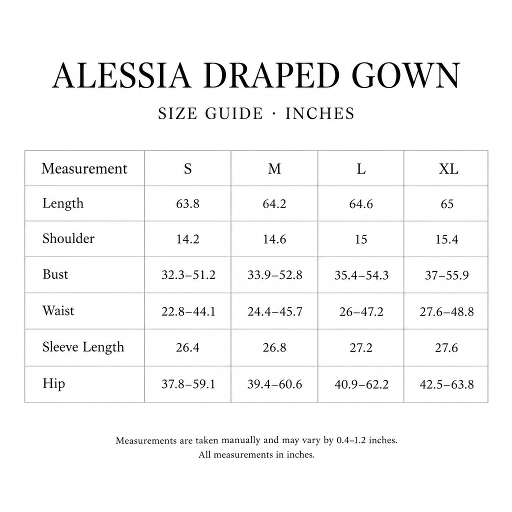 Alessia Draped Gown size chart for S-XL, with length, shoulder, bust, waist, sleeve, and hip values in inches.