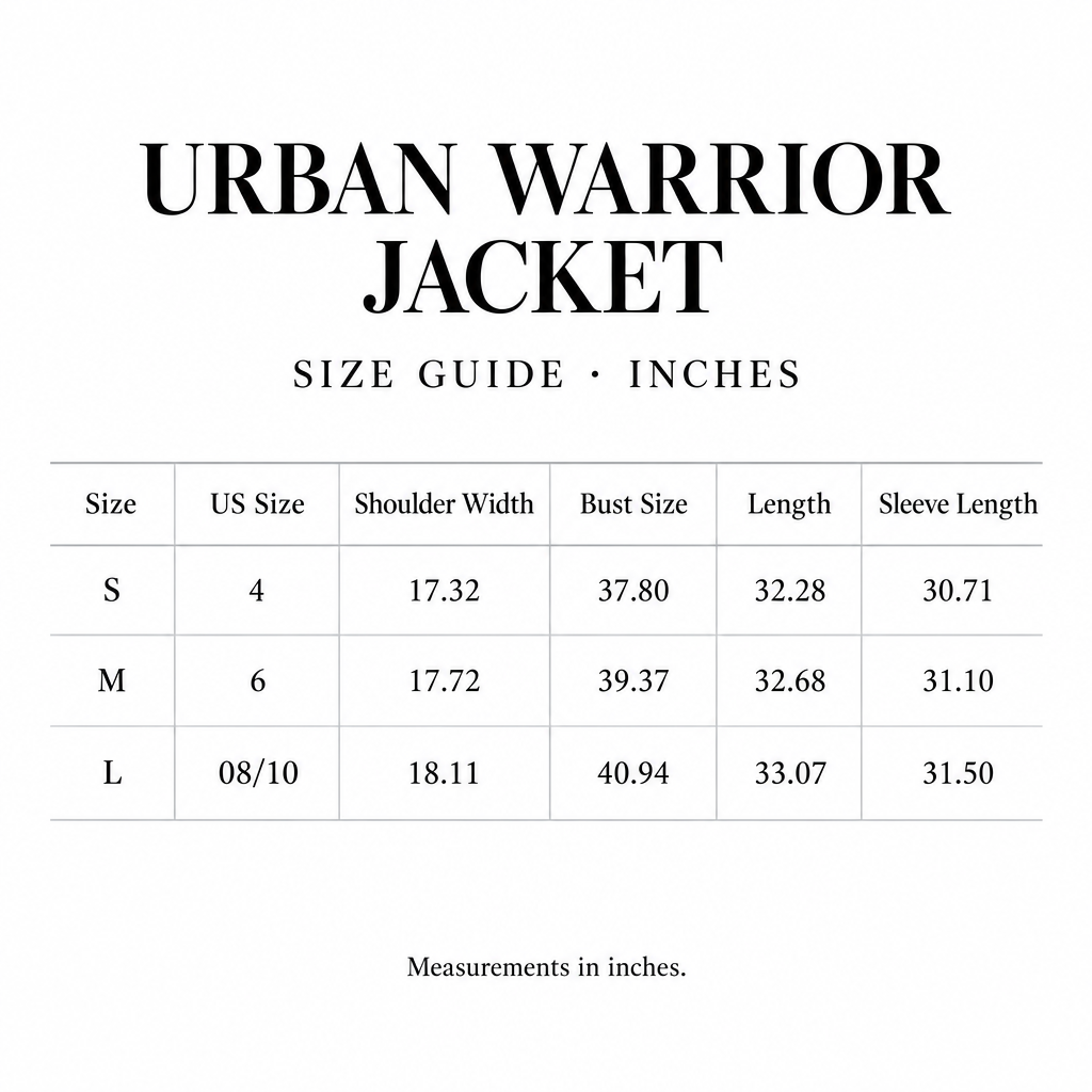 Urban Warrior Jacket size chart for S-L, with US sizes and shoulder, bust, length, and sleeve values in inches.