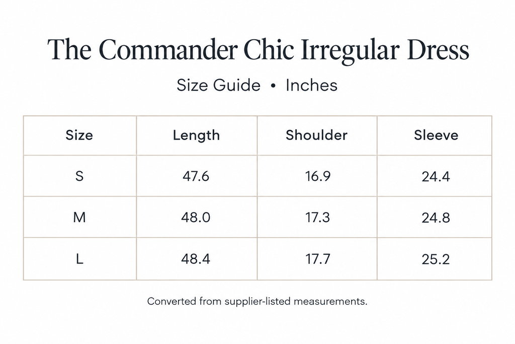 Commander Chic Dress size chart for S-L, with length, shoulder, and sleeve measurements in inches.