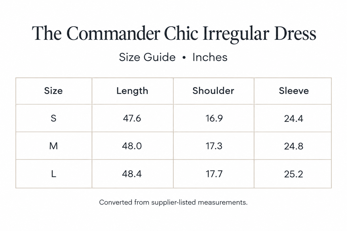 Commander Chic Dress size chart for S-L, with length, shoulder, and sleeve measurements in inches.