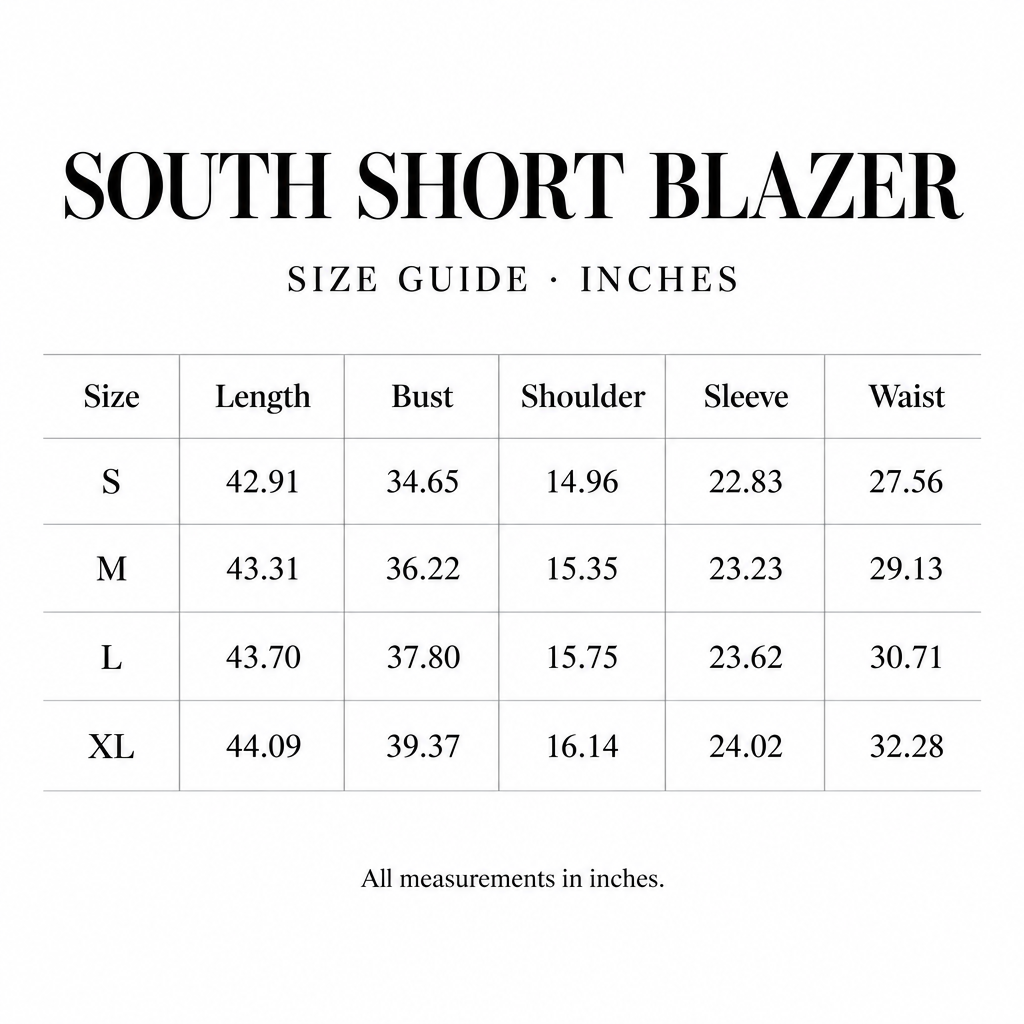 South Shore Blazer size chart for S-XL, with length, bust, shoulder, sleeve, and waist measurements in inches.