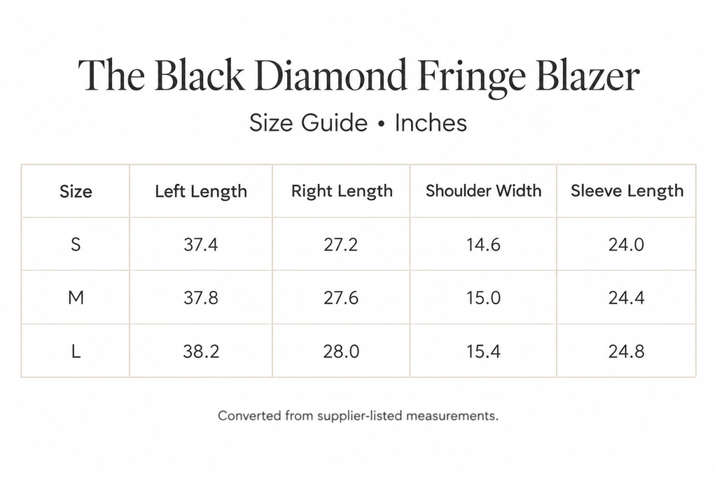 Black Diamond Blazer size chart for S-L, with left and right lengths, shoulder, and sleeve measurements in inches.