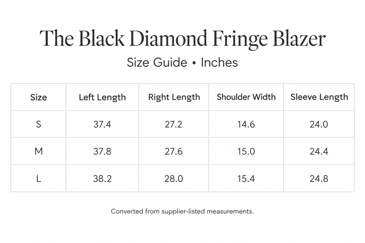 Black Diamond Blazer size chart for S-L, with left and right lengths, shoulder, and sleeve measurements in inches.