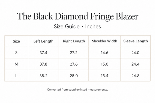 Black Diamond Blazer size chart for S-L, with left and right lengths, shoulder, and sleeve measurements in inches.