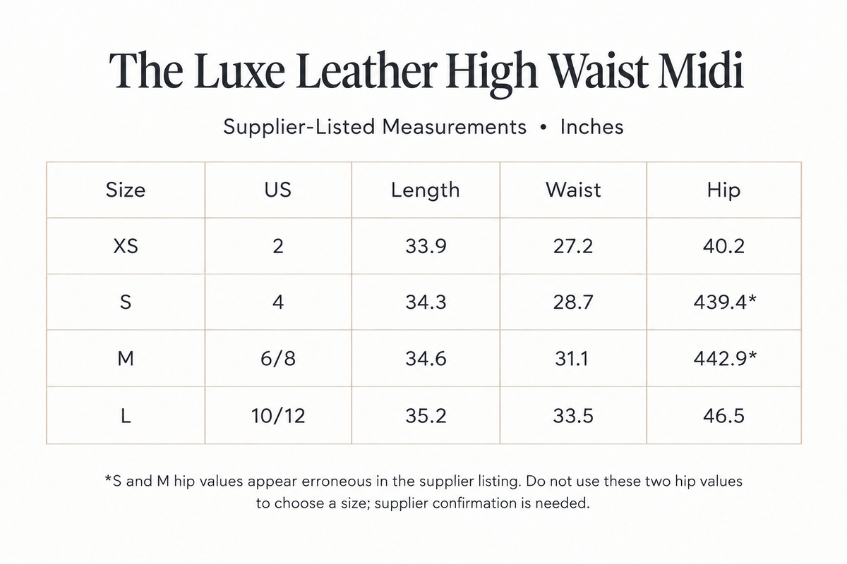 Luxe Leather Midi size chart for XS-L in inches, noting that S and M hip values need supplier confirmation.